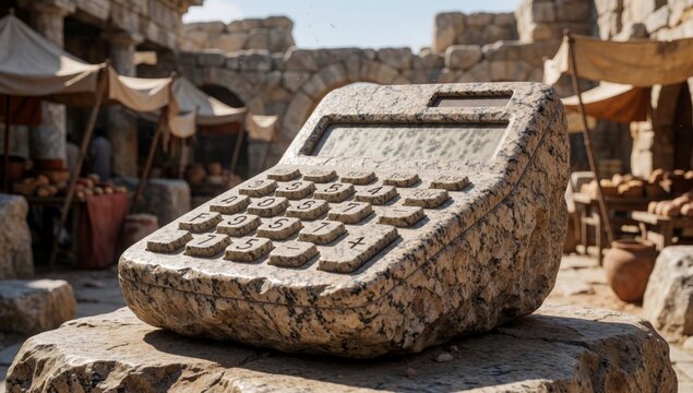 Old weathered calculator sitting top large rock made stone has rectangular shape rounded edges screen buttons