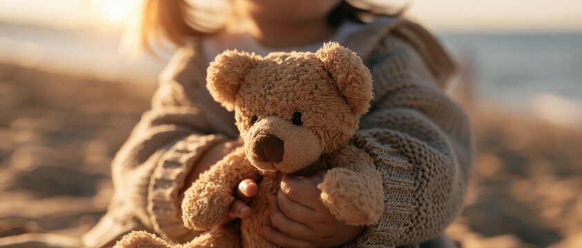 Child holding a soft teddy bear close on a sandy beach during sunset, representing comfort, innocence, and cherished childhood memories.