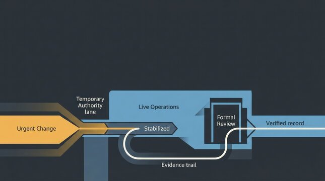 Emergency change retrospective approval workflow with temporary authority path, evidence trail, formal review checkpoint and verified record on dark business banner