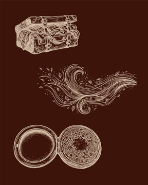 eerie halloween swirling wind lines, open locket and semi-open suitcase linocut print, haunting ghostly travel mystery relic vector design