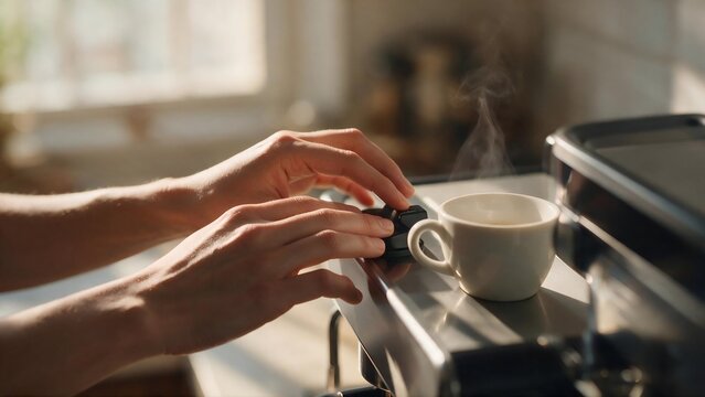 Barista hands operating professional espresso machine to prepare hot coffee with coffee preparation coffee maker coffee cup making coffee cafe worker restaurant kitchen metal machine steam wand