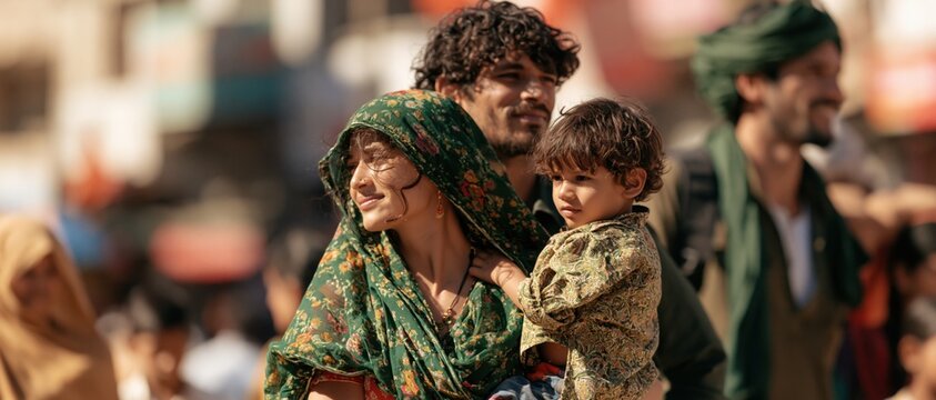 Young mother holding her child tightly while navigating a crowded bustling street market with family.