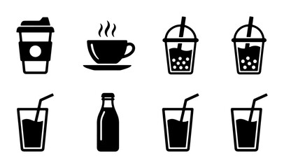 Obraz premium Beverage Icons Set: Coffee, Tea, Juice, Soda, Bubble Tea, Water Bottles, Vector Graphics