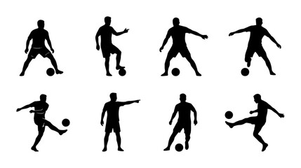 Obraz premium Soccer Player Silhouettes, Dynamic Action Poses, Football Athlete Icons, Set of 8 Vector Graphics for Sports Design