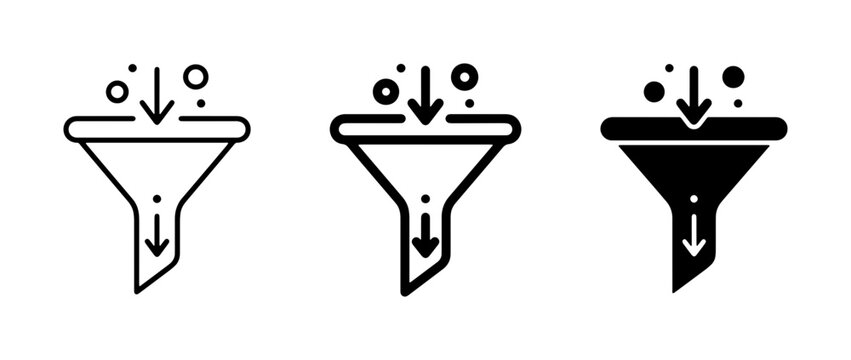 Funnel Icons Set, Filtering Process, Data Sorting, Selection Symbol, Vector Graphics for Analysis and Optimization