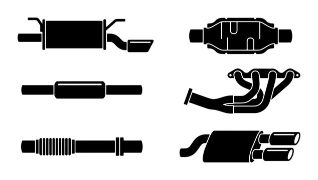 Automotive Exhaust System Parts Collection, Car Muffler and Catalytic Converter Silencer Icons, Vehicle Repair Components