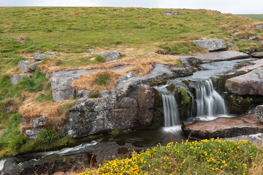 Long exposure of the river Dart flowing over the East Dart Waterfall in Dartmoor