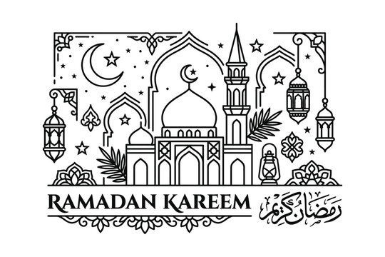 Ramadan kareem illustration depicts a detailed mosque scene with crescent moons and lanterns