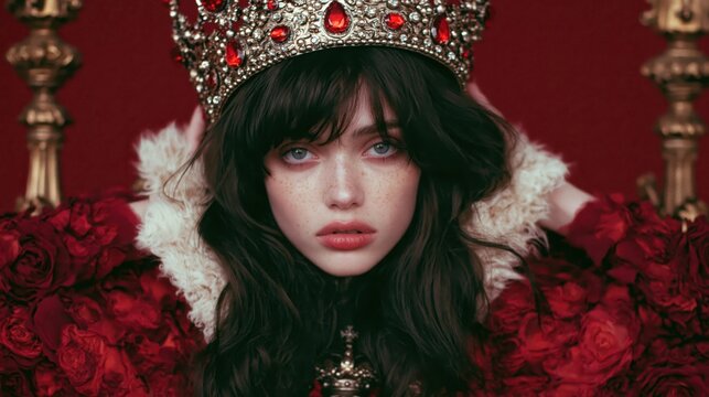 Monarch sitting proudly on a throne draped in luxurious red velvet.