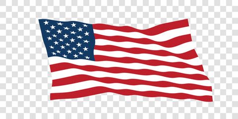 Fototapeta premium Classic waving American flag illustration featuring white stars on a blue field with red and white stripes. Clean patriotic vector design isolated on a transparent background, ideal for Independence 