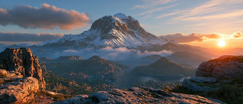 Mountain peak covered in snow rising majestically above rolling hills and rocky terrain during a breathtaking sunrise.