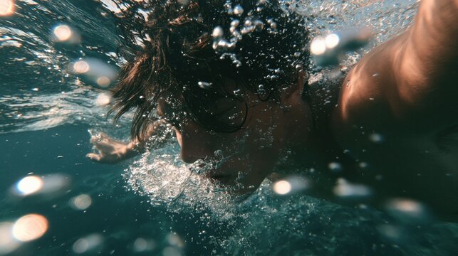 Swimmer gliding underwater surrounded by rising bubbles and sparkling light reflections in the deep blue sea.
