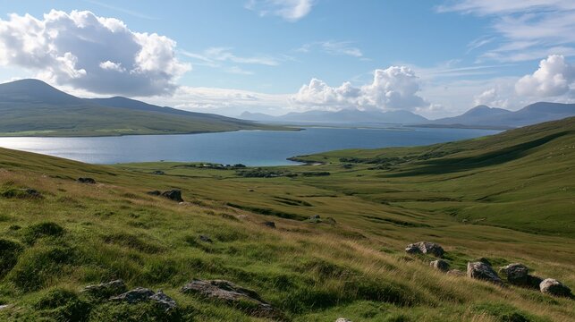 Landscape featuring green rolling hills surrounding a tranquil lake under a partly cloudy sky during summer afternoon.