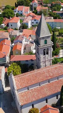 Osor City Panorama On Cres Island, Croatia,  Beautiful Summer Day. Aerial Views Show The Historic Old Town, Sunny Beaches, Sailing Yachts, Marina Harbor, Nearby Campsites Mediterranean Adriatic Coast