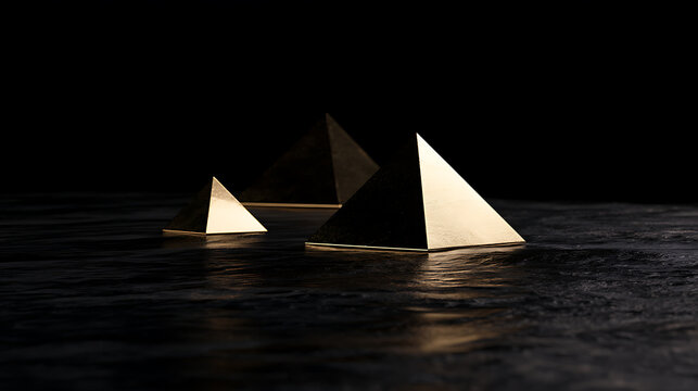Three golden geometric pyramids rest on a dark textured surface against a black background, creating a mysterious and minimalist visual art