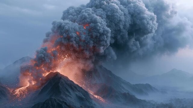 Volcanic eruption sends thick smoke into the sky. Flames burst from the mountain's peak. Explosive force scatters glowing debris. Dense ash clouds darken the horizon