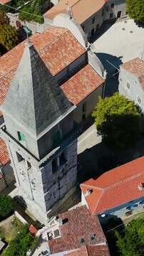 Osor City Panorama On Cres Island, Croatia,  Beautiful Summer Day. Aerial Views Show The Historic Old Town, Sunny Beaches, Sailing Yachts, Marina Harbor, Nearby Campsites Mediterranean Adriatic Coast