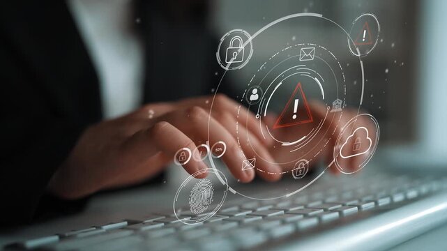 Person Typing on Keyboard with Digital Security Icons and Warning Alert on Screen in Modern Office Environment. Entropy.