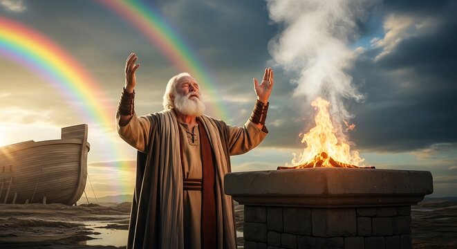 Elderly man with white beard raising hands near altar fire and rainbow with ark in background during dawn