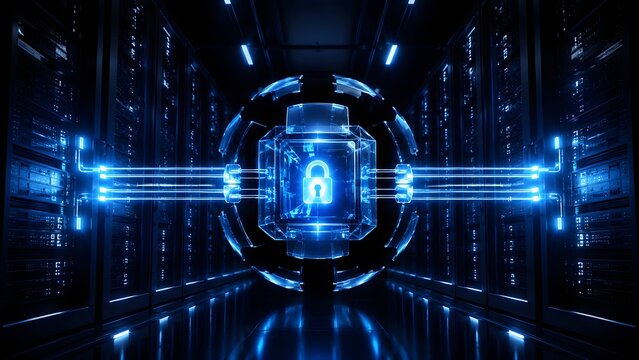 Futuristic data center corridor with a glowing cryptographic security core and padlock icon transmitting digital beams to server racks