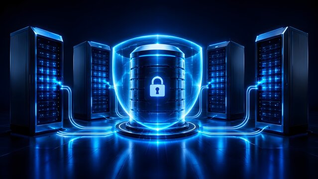 Secure data center concept with a central server protected by a glowing holographic shield and padlock icon connected to network racks