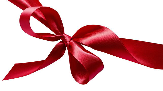 Isolated red satin gift ribbon tied in elegant bow for festive present decoration