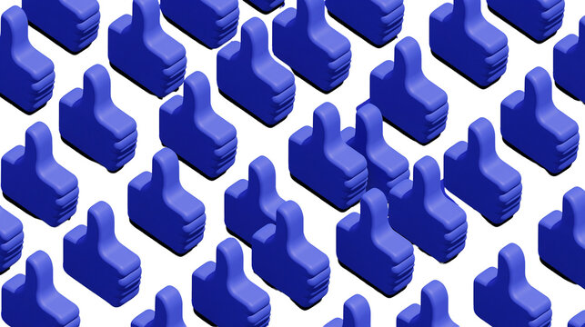 Isolated repeating blue 3D social media like icons, thumbs up button symbol pattern