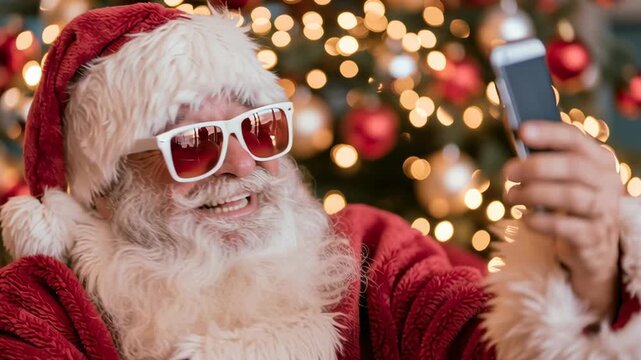 Santa Claus wears sunglasses, smiling at phone. He stands near Christmas tree, holding smartphone. Glasses reflect lights, adding festive flair. His joyful expression suggests fun