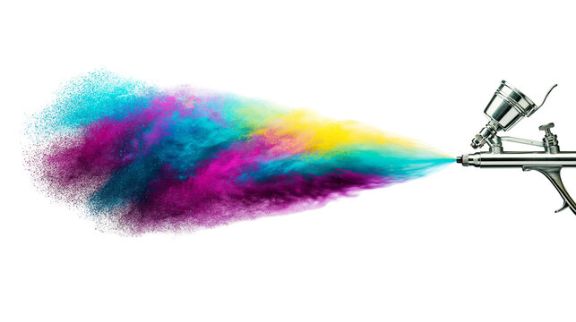 Isolated airbrush spraying a vibrant burst of colorful powder, creating artistic and dynamic effect.