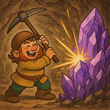 Cheerful dwarf miner swings a pickaxe joyfully at a glowing purple crystal cluster