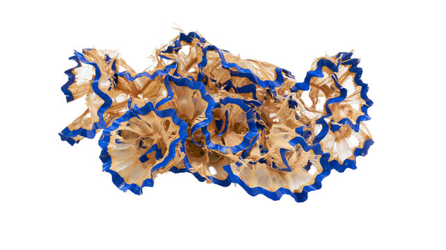 Isolated delicate tangled blue and natural wood pencil shavings macro detail art.