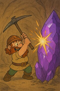 Excited cave dwarf sends sparks flying as he mines a huge purple gemstone