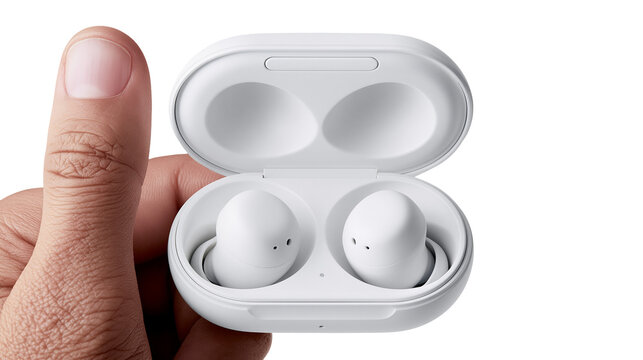 Isolated hand holding modern white wireless earbuds charging case with open lid