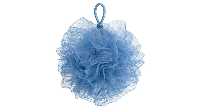 Isolated soft blue mesh bath sponge for refreshing skin cleansing and exfoliation routine.