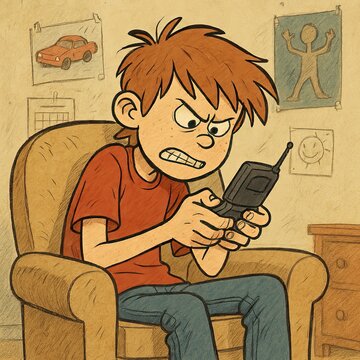 Grumpy kid with messy hair angrily fiddles with a vintage handheld radio device