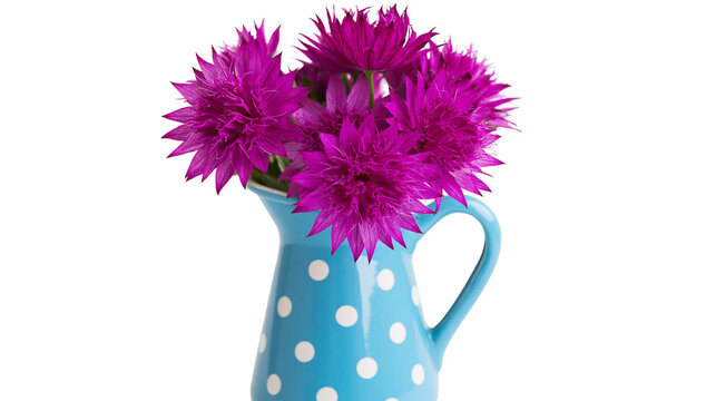 Isolated vibrant magenta flowers in a charming blue polka dot pitcher, beautiful floral arrangement