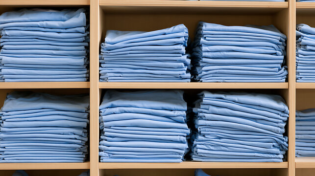 Neat stacks of light blue folded cotton shirts neatly organized on wooden store shelves create a clean retail apparel stock photography view