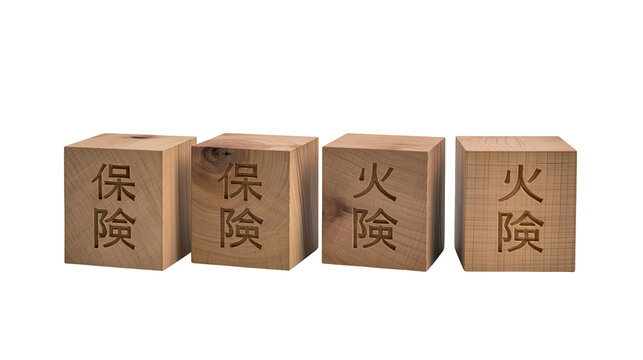 Isolated carved wooden blocks displaying Japanese kanji for fire and insurance policies