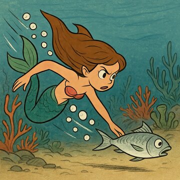 Curious mermaid with flowing hair reaches out to touch a startled fish