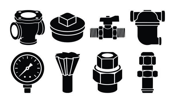 Industrial plumbing icons set, black silhouette pipe fittings and valves, 8 vector engineering components for water systems