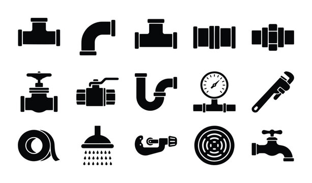 Plumbing icon set with 15 black vector symbols, industrial pipe fittings and hardware tools, professional plumber equipment collection