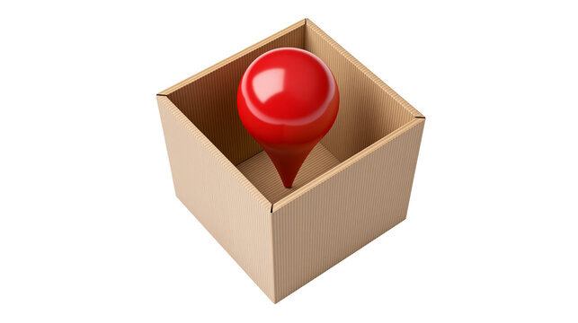 Isolated bright red glossy location map pin inside an open empty corrugated cardboard box for shipping