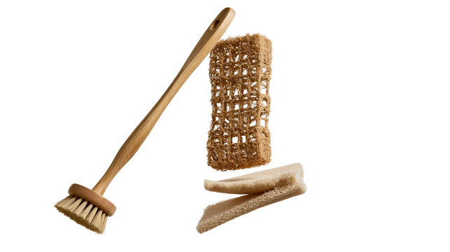 Isolated natural cleaning set with wooden brush and organic scrubbers
