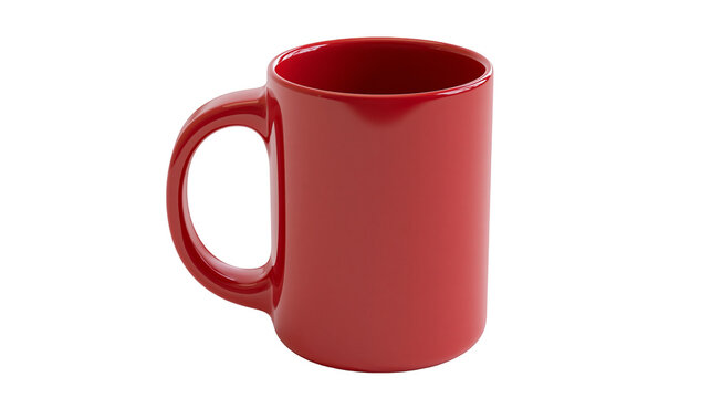Isolated vibrant red ceramic coffee mug, glossy surface, ideal for hot drinks and custom branding.