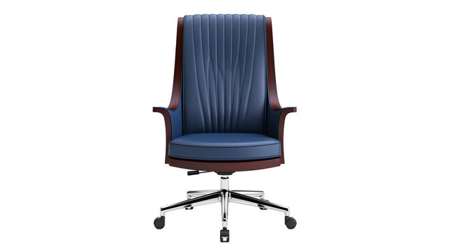 Isolated elegant blue leather office chair with dark wood trim and chrome base, executive furniture