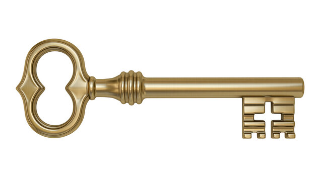 Isolated exquisite ornate old golden key with intricate decorative handle, shiny metallic vintage lock opener