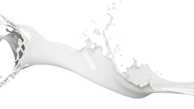 Isolated dynamic white liquid splash with flying drops, abstract fluid motion and flow