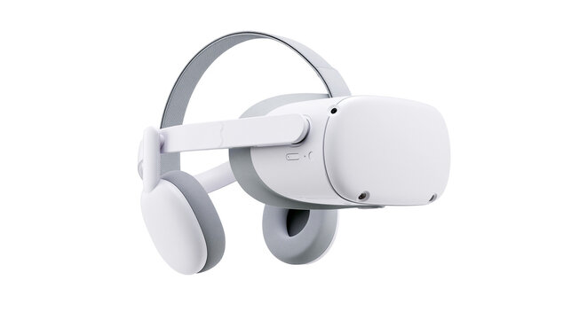 Isolated white virtual reality headset with grey strap and earcups for immersive digital experience