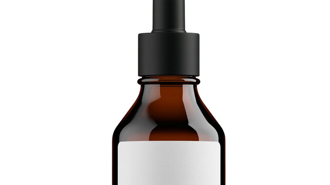 Isolated amber glass dropper bottle with blank label and black cap for essential oil or cosmetic serum