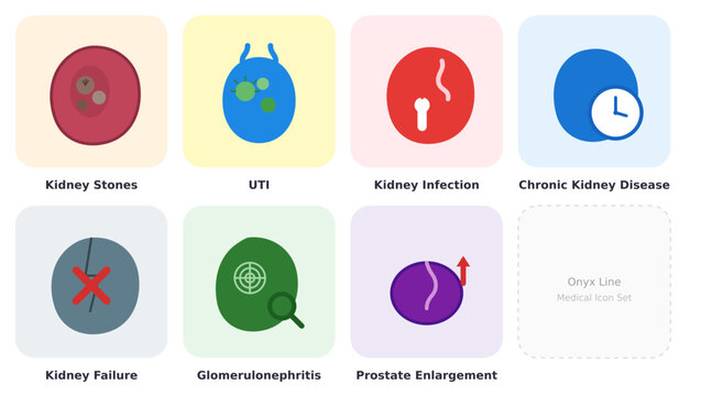 Kidney and Urinary Diseases Colorful Flat Icon Set - Medical Healthcare Vector Illustration
